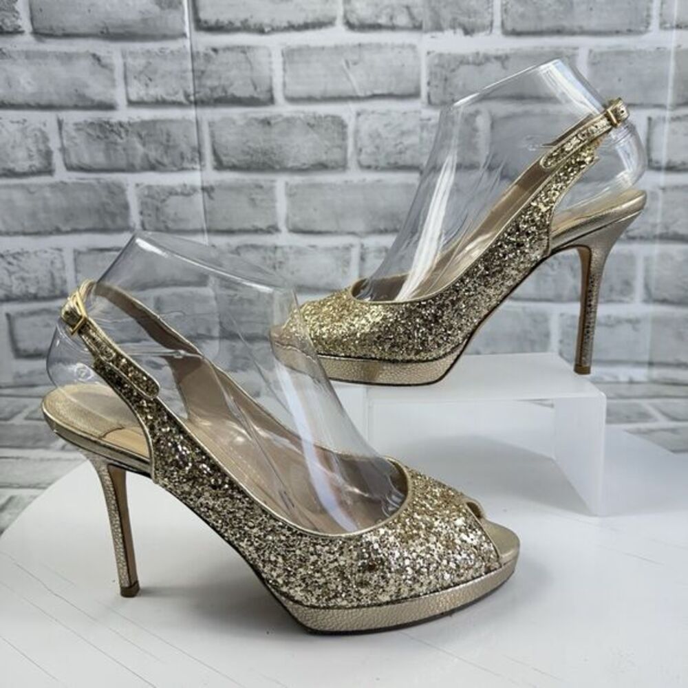 Jimmy Choo London Nova Champagne Gold Glitter Slingback Pumps EU 37.5 - US 7